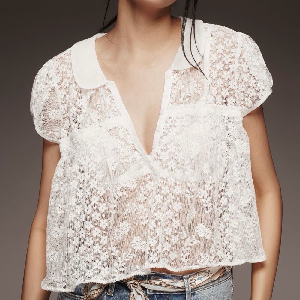 Anthropologie | Maeve Short Sleeve Sheer Lace Babydoll Blouse | Size: XS